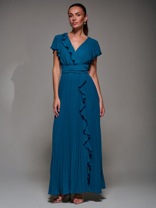 Pleated Frill Detail Chiffon Maxi Dress, Teal