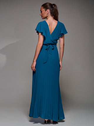 Pleated Frill Detail Chiffon Maxi Dress, Teal