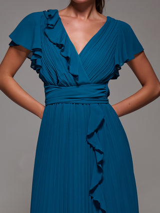 Pleated Frill Detail Chiffon Maxi Dress, Teal