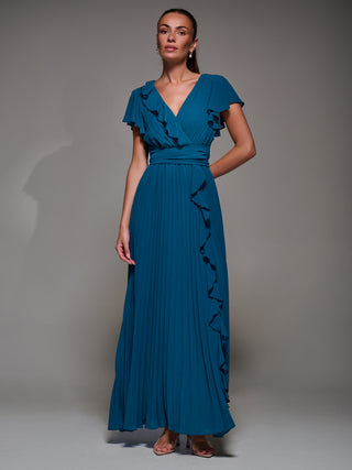 Pleated Frill Detail Chiffon Maxi Dress, Teal