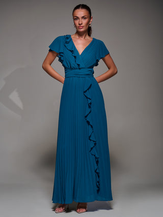 Pleated Frill Detail Chiffon Maxi Dress, Teal