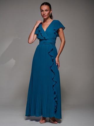 Pleated Frill Detail Chiffon Maxi Dress, Teal
