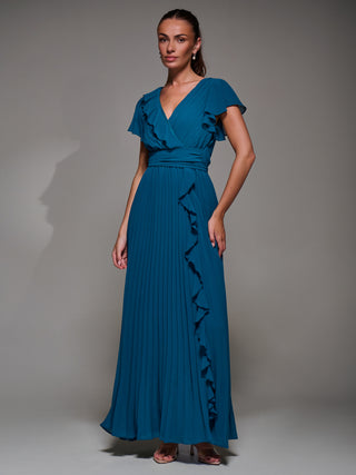 Pleated Frill Detail Chiffon Maxi Dress, Teal