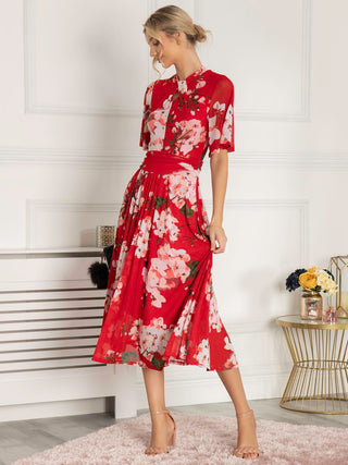 Danika Keyhole Neck Mesh Dress, Red Floral