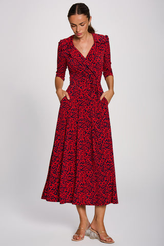 Wrap Front Jersey Maxi Dress, Red Abstract