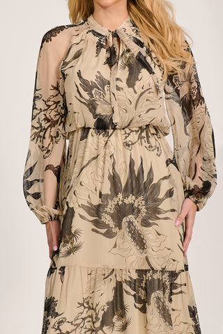 Long Sleeve Tie Neck Maxi Dress, Beige Pattern