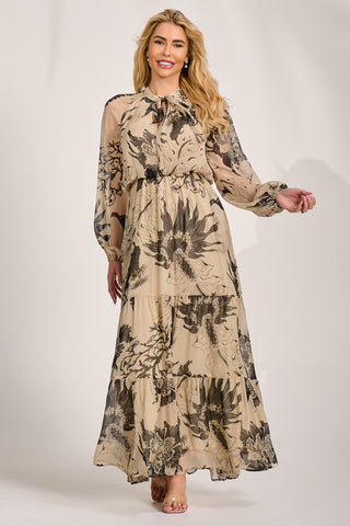 Long Sleeve Tie Neck Maxi Dress, Beige Pattern