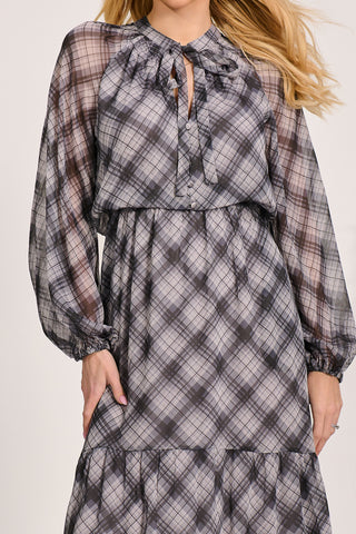Long Sleeve Tie Neck Maxi Dress, Black Check