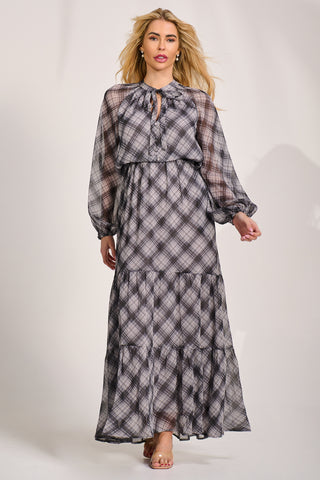 Long Sleeve Tie Neck Maxi Dress, Black Check