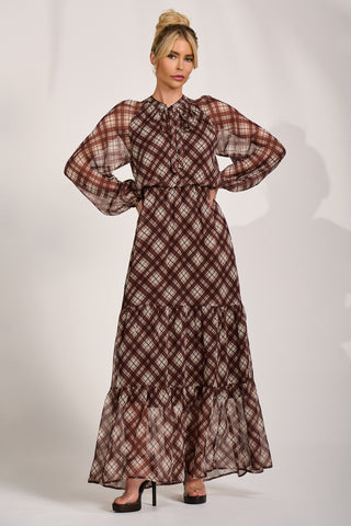 Long Sleeve Tie Neck Maxi Dress, Brown Check