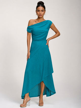 Textured Asymmetric One Shoulder Maxi Dress, Blue