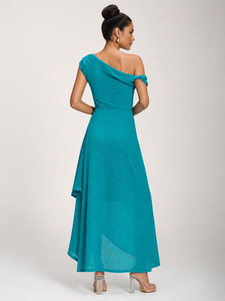 Textured Asymmetric One Shoulder Maxi Dress, Blue