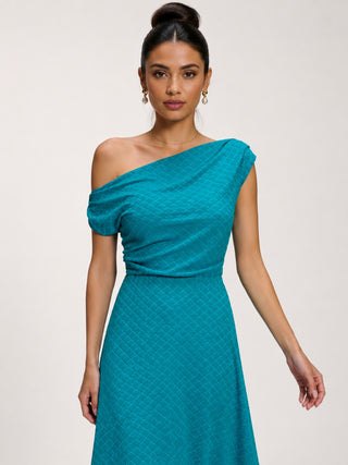 Textured Asymmetric One Shoulder Maxi Dress, Blue