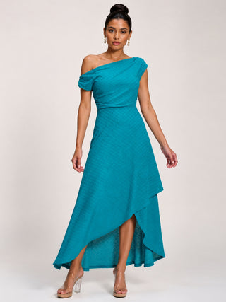 Textured Asymmetric One Shoulder Maxi Dress, Blue