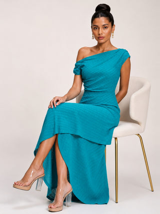 Textured Asymmetric One Shoulder Maxi Dress, Blue
