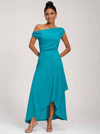 Textured Asymmetric One Shoulder Maxi Dress, Blue