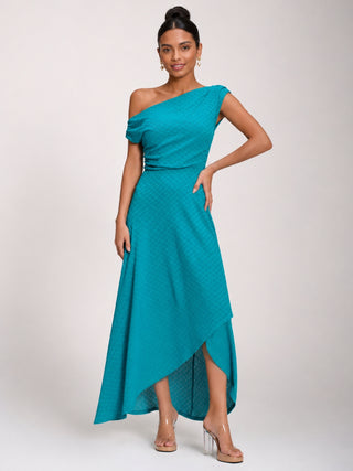 Textured Asymmetric One Shoulder Maxi Dress, Blue