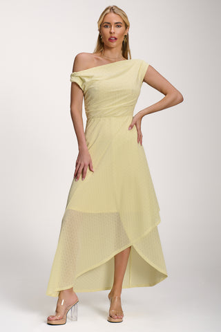 Textured Asymmetric One Shoulder Maxi Dress, Butter Yellow