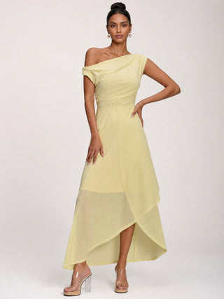 Textured Asymmetric One Shoulder Maxi Dress, Butter Yellow