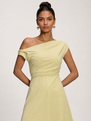 Textured Asymmetric One Shoulder Maxi Dress, Butter Yellow