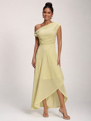 Textured Asymmetric One Shoulder Maxi Dress, Butter Yellow