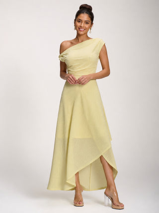 Textured Asymmetric One Shoulder Maxi Dress, Butter Yellow
