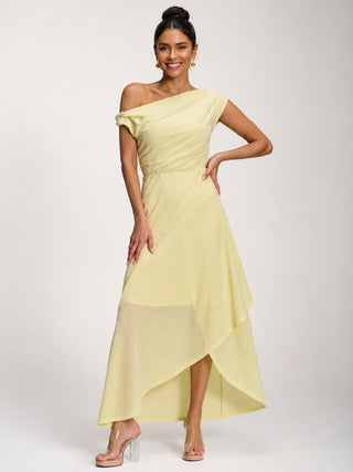 Textured Asymmetric One Shoulder Maxi Dress, Butter Yellow