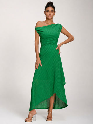 Textured Asymmetric One Shoulder Maxi Dress, Emerald Green
