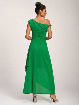 Textured Asymmetric One Shoulder Maxi Dress, Emerald Green