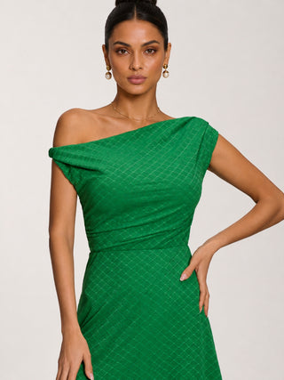 Textured Asymmetric One Shoulder Maxi Dress, Emerald Green