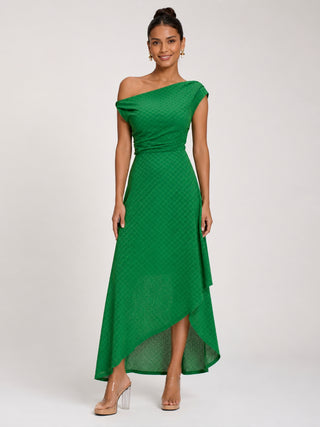 Textured Asymmetric One Shoulder Maxi Dress, Emerald Green