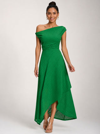 Textured Asymmetric One Shoulder Maxi Dress, Emerald Green
