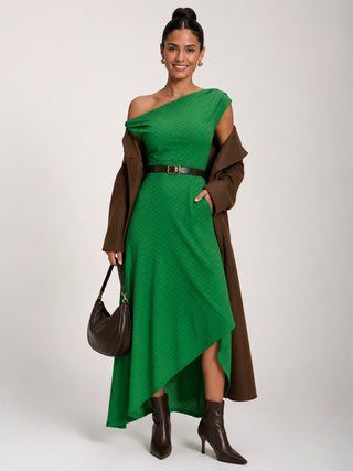 Textured Asymmetric One Shoulder Maxi Dress, Emerald Green
