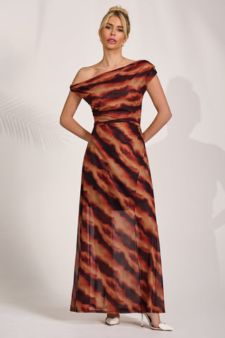 Mesh Asymmetrical Off-Shoulder Maxi Dress, Amber Haze