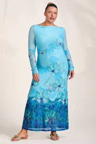 Long Sleeve Slash Neck Mesh Maxi Dress. Blue Floral
