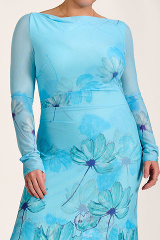 Long Sleeve Slash Neck Mesh Maxi Dress. Blue Floral