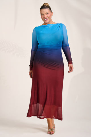 Long Sleeve Slash Neck Mesh Maxi Dress. Burgundy Ombre
