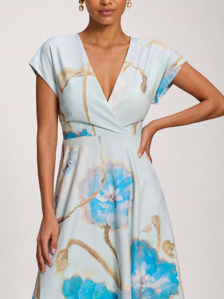 Printed Scuba Dipped Hem Midi Dress, Blue Floral
