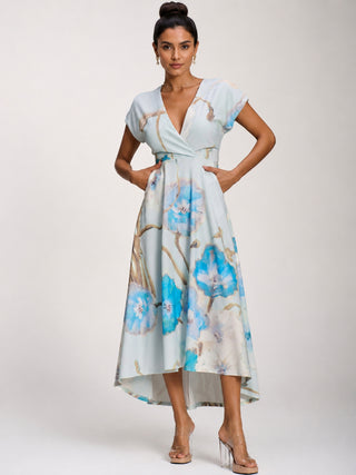 Printed Scuba Dipped Hem Midi Dress, Blue Floral