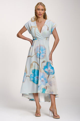 Printed Scuba Dipped Hem Midi Dress, Blue Floral