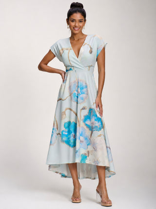 Printed Scuba Dipped Hem Midi Dress, Blue Floral