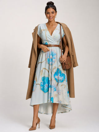 Printed Scuba Dipped Hem Midi Dress, Blue Floral