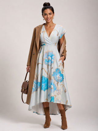 Printed Scuba Dipped Hem Midi Dress, Blue Floral