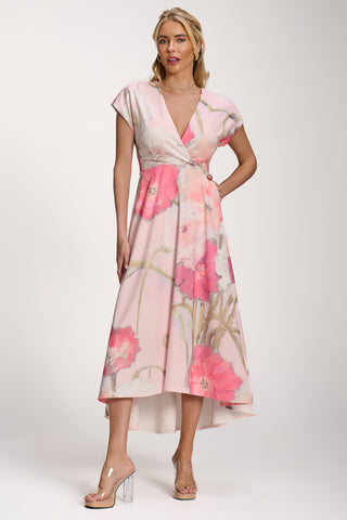 Printed Scuba Dipped Hem Midi Dress, Pink Floral
