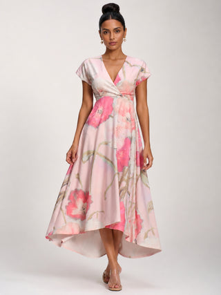Printed Scuba Dipped Hem Midi Dress, Pink Floral