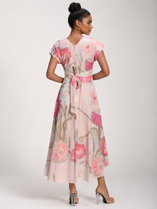 Printed Scuba Dipped Hem Midi Dress, Pink Floral
