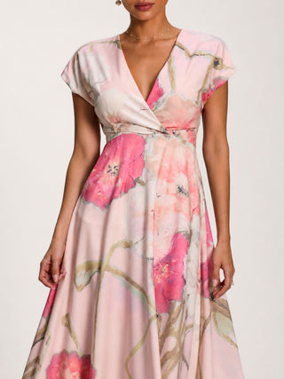 Printed Scuba Dipped Hem Midi Dress, Pink Floral