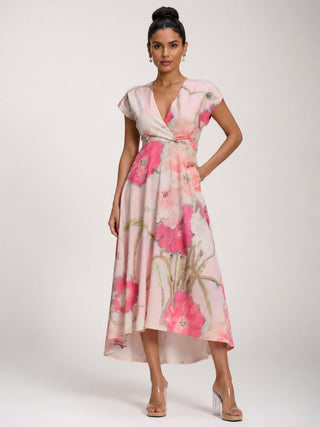 Printed Scuba Dipped Hem Midi Dress, Pink Floral