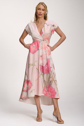 Printed Scuba Dipped Hem Midi Dress, Pink Floral