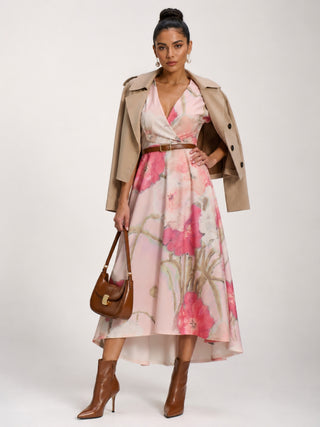 Printed Scuba Dipped Hem Midi Dress, Pink Floral